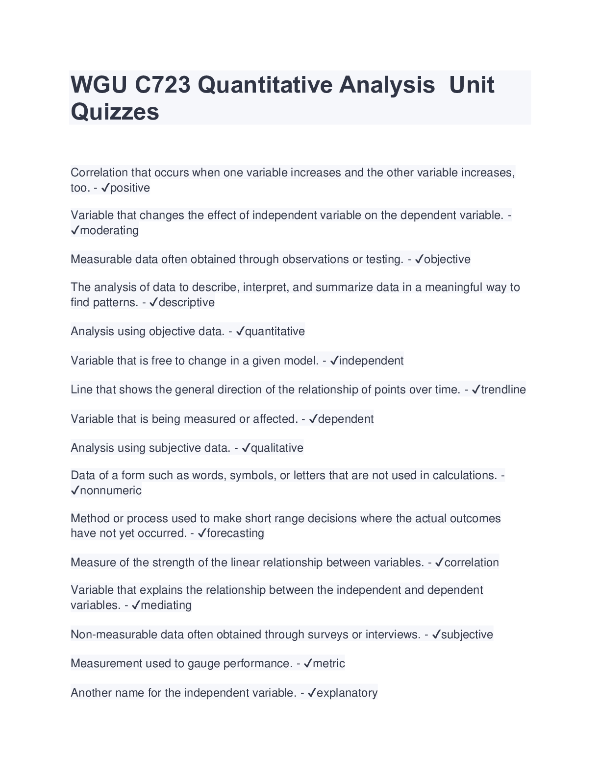 Preview image for WGU C723 Quantitative Analysis  Unit Quizzes (Latest 2023/2024) Verified Answers by Expert